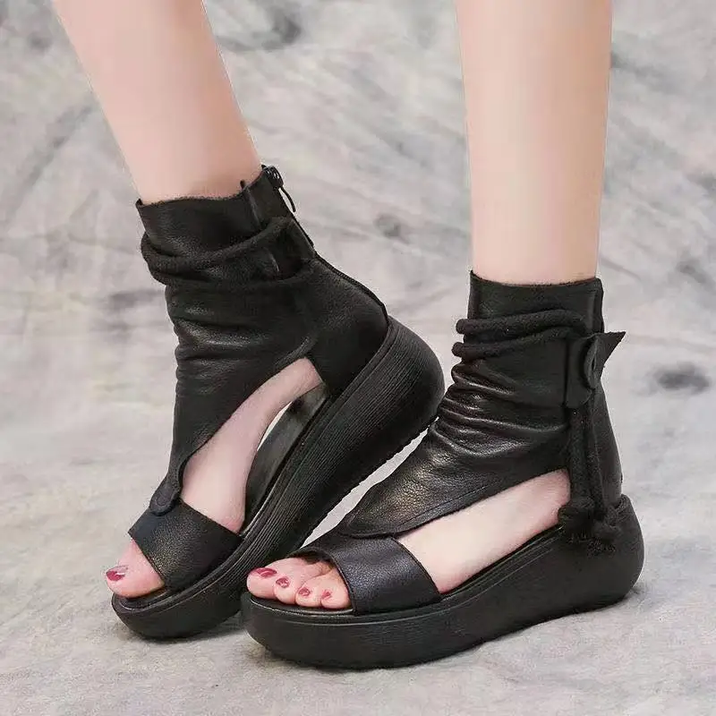 Shoes for Women Ladies Vintage Pu Leather Boots Fashion Women Sandals Summer Mid Heels Wedges Shoes Sandalias Mujer  Sneakers