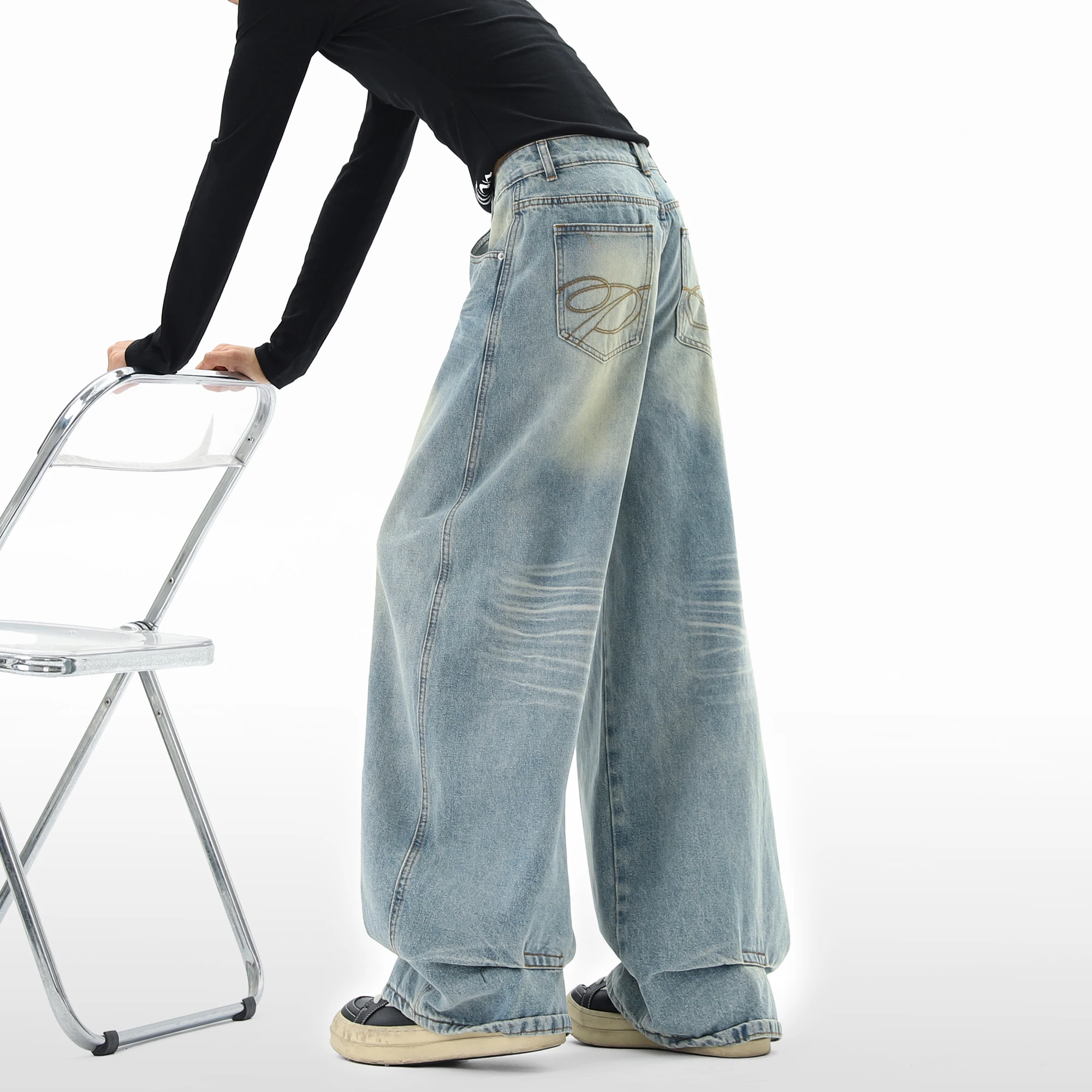 

2025 New Wash Men Baggy Jeans man High Quality Loose Fit Dragging Pants Irregular Back Pockets Design Casual Streetwear Denim