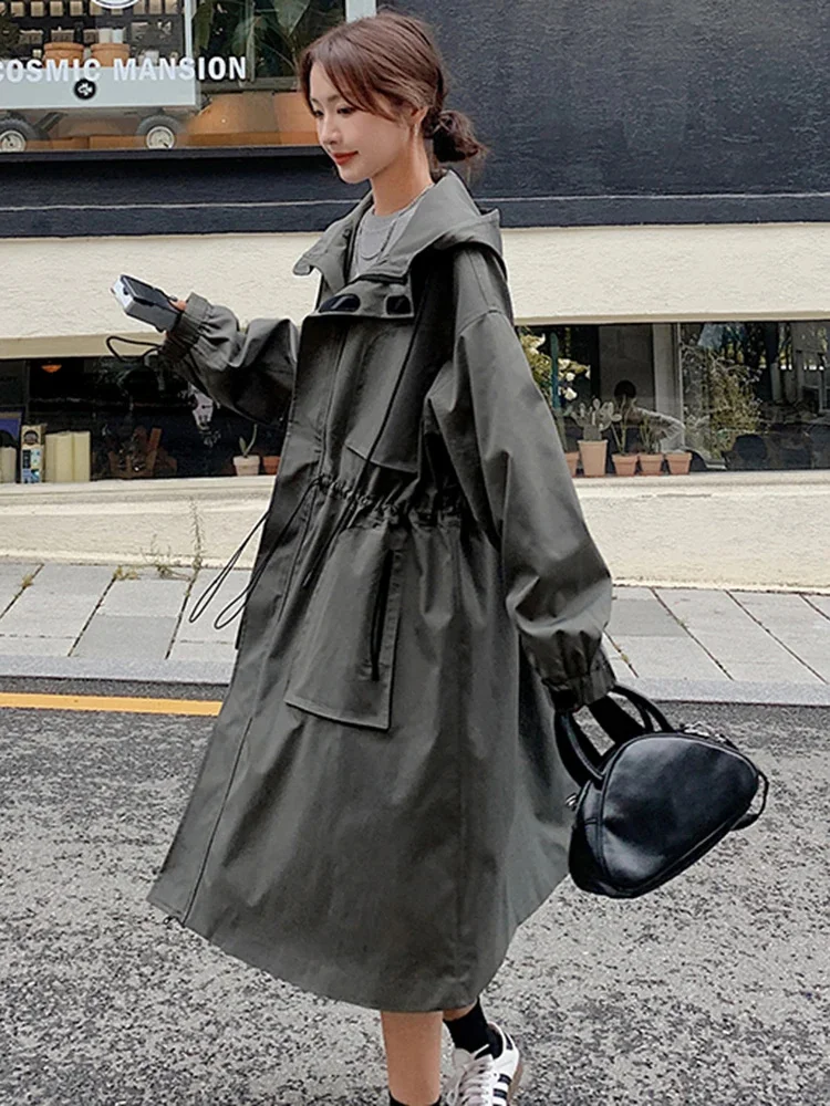 

Women's Hooded Solid Color Trench Fashion Pockets Zipper Drawstring Gathered Waist Windbreaker 2023 Autumn New 2AA2474