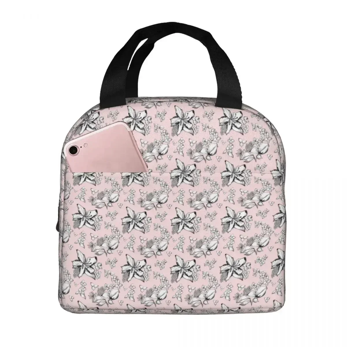 

Flowers Pink Lunch Bags Portable Insulated Polyester Cooler Thermal Picnic Lunch Box for Women