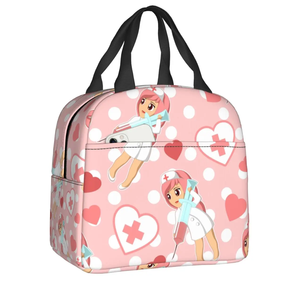 

Japanese Kawaii Nurse Insulated Lunch Bags for Camping Travel Pink Polka Dot Pattern Portable Thermal Cooler Bento Box Children