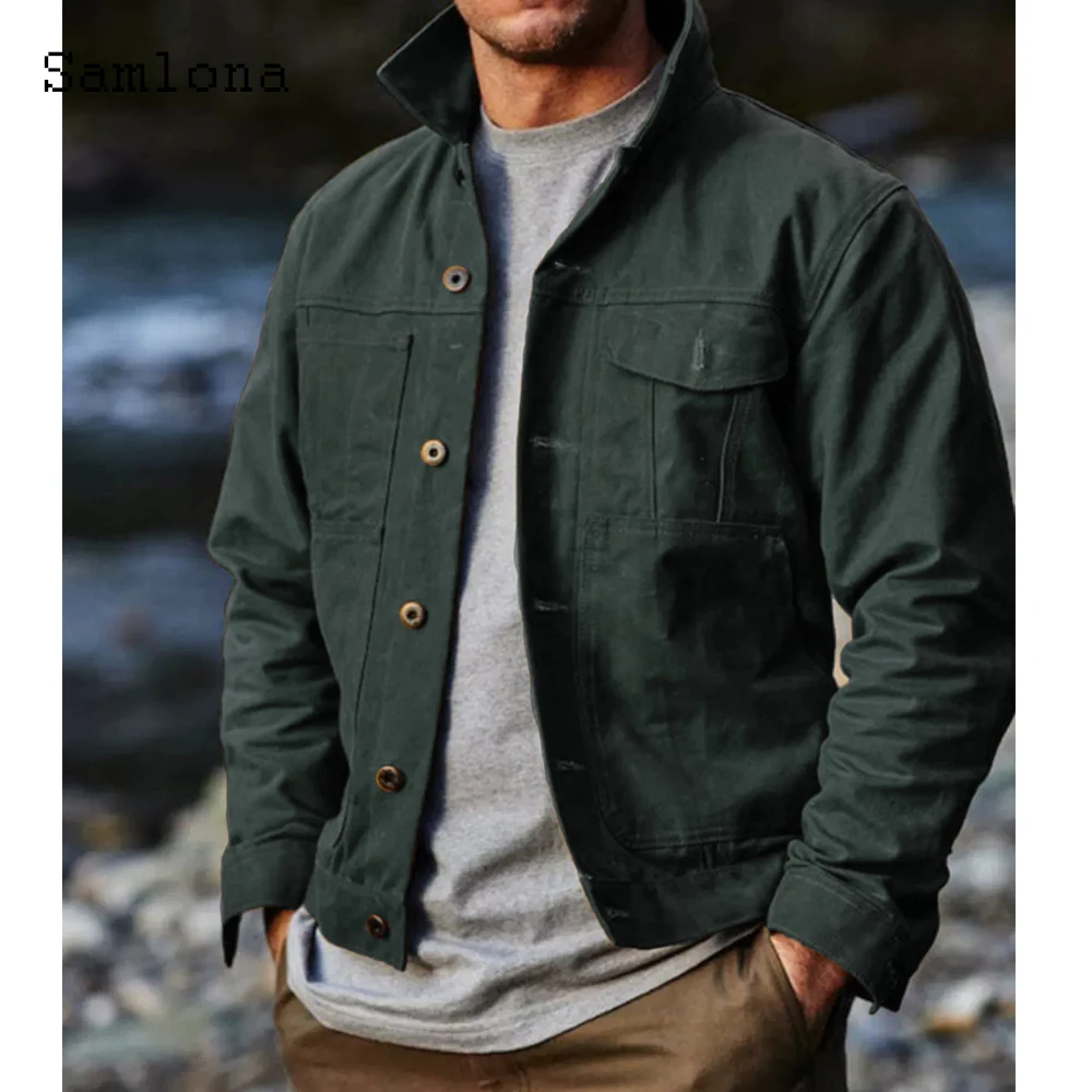 2025 Men's Stand Pocket Casual Vintage Basic Cargo Jackets Dark Red Single-Breasted Notched Top Outerwear Sexy Mens Clothing New