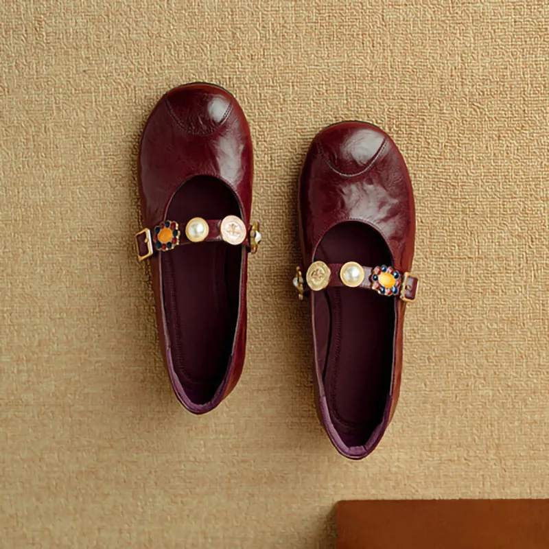 高品質でおしゃれなシングルシューズ、レディース用ソフトレザーフラットボトムレトロラインストーンバレエメリージェーンシューズ