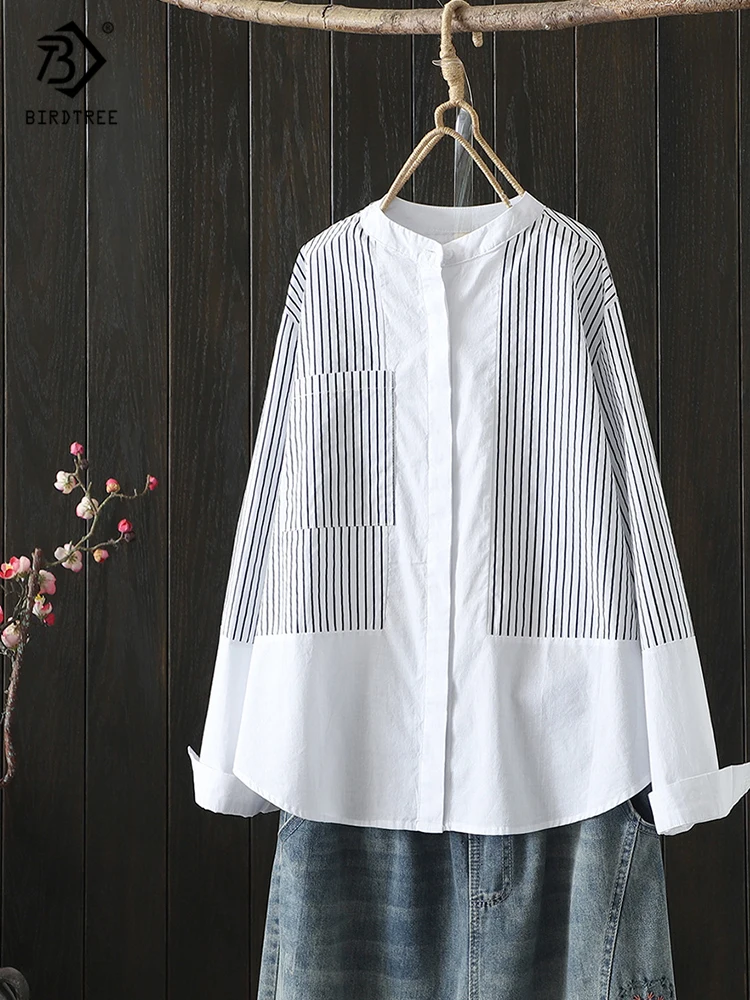 2022 Autumn Women Striped Print Cotton White Shirt Loose Full Sleeve Stand Collar Long Blouse Casual Office Wear Basic Tops