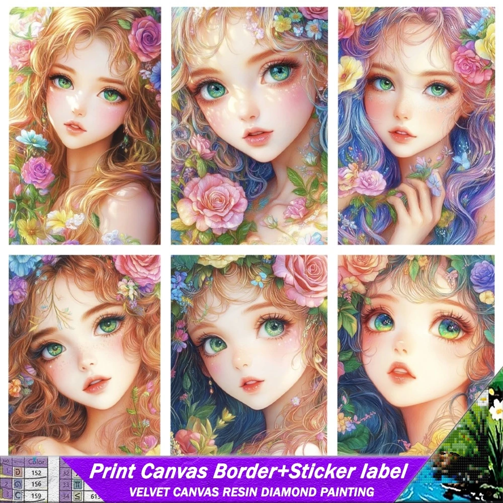

DIY 5D Cartoon Full Circle Square Resin Diamond Painting With Sticker Set Cartoon Girl Flower Cross Embroidery Mosaic Decoration