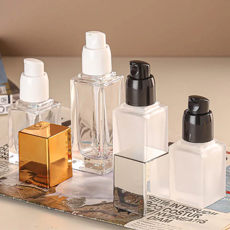 10/20PCS 15ml-40ml Mini Empty Pump Liquid Foundation Square Glass Bottles Makeup Refillable Portable Perfume Cosmetics Container