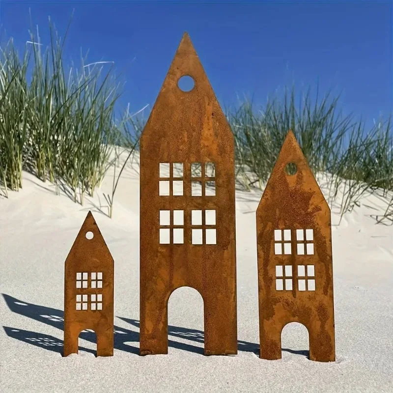 

3pcs Rustic Metal Silhouette Garden Stakes Freestanding Iron Castle House & Christmas Tree Art, Outdoor Holiday Lawn Decorations