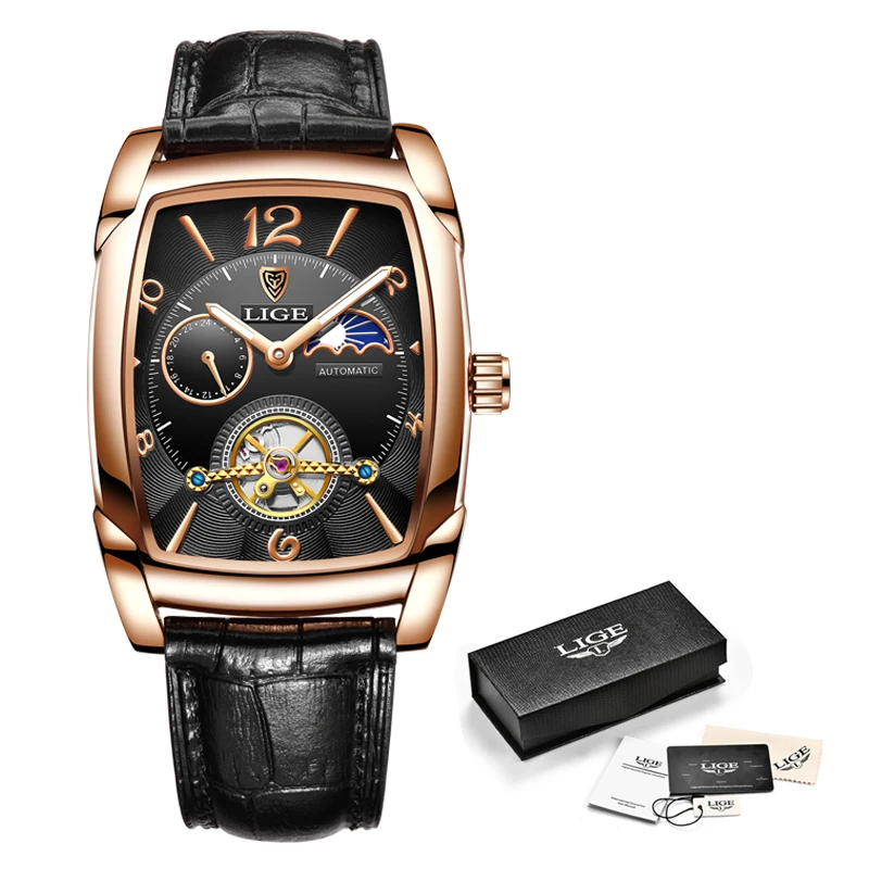 LIGE Men Watch Luxury Wristwatch Square Automatic Watches for Men Fashion Genuine Leather Waterproof Tourbillon Mechanical Watch