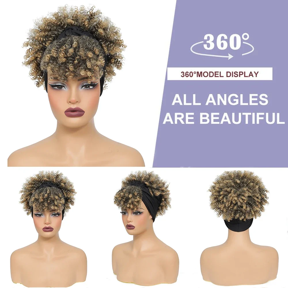 สั้น Kinky Curly วิกผมสังเคราะห์ Afro สูงพัฟ Curly ผ้าพันคอวิกผมผู้หญิงสีดํา Afro Curly Head Band วิกผม