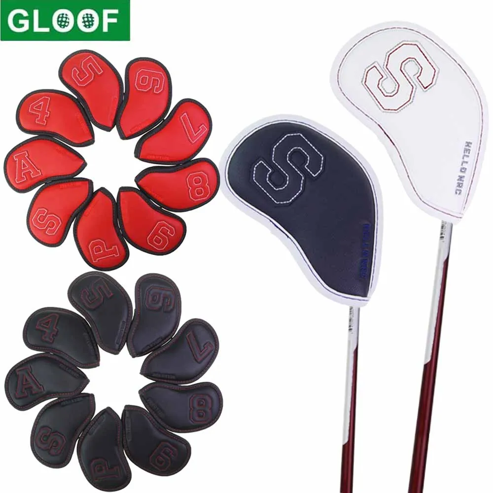 GLOOF 9Pcs golf Iron Club Head Covers Set Fit for All Iron Wedges-Big Number-Pu Leather fits Small Standard Oversized Golf Clubs