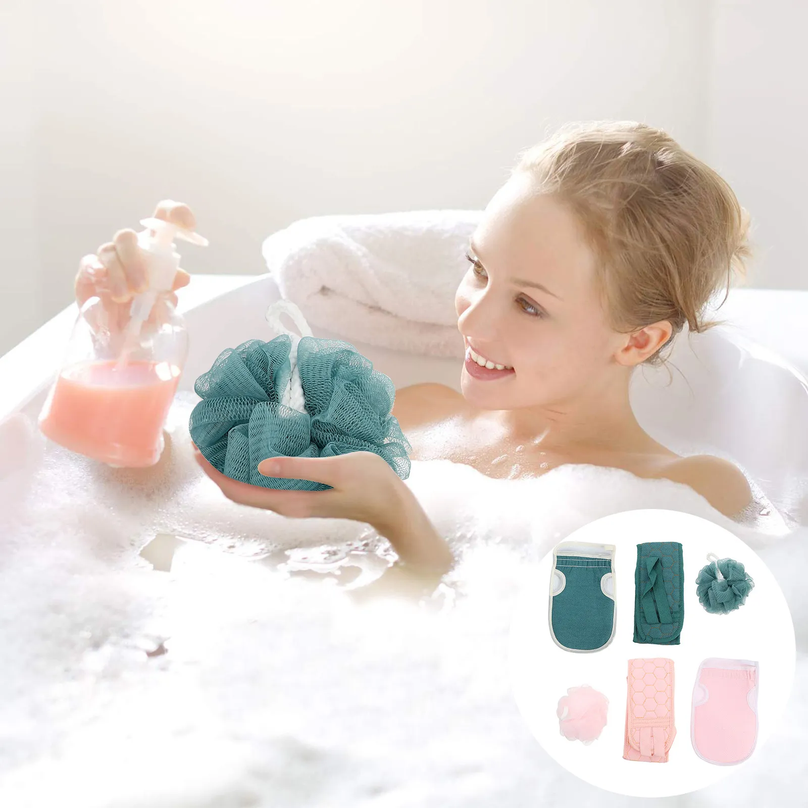 

6Pcs Exfoliating Bath Glove Shower Mesh Ball Back Skin Scrubber Strap Set Body Massage Relax Muscles Promote