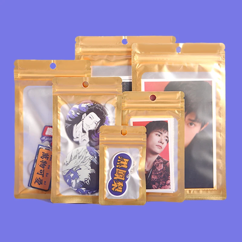 50PCS Gold Foil Zipper Pouches with Clear Window Multi-size Self Seal Packaging Bags For Kpop Photocard Anime Badge Storage