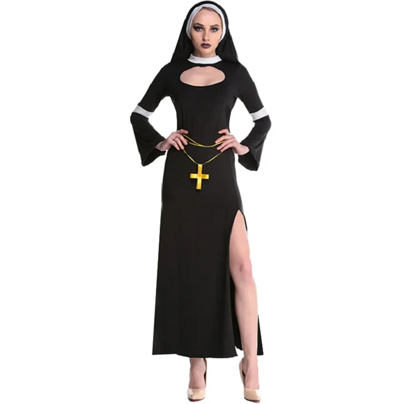 

Black Vintage Medieval Women Sexy Nun Costume Halloween Party Sexy Cosplay Dress Priestess Long Nun Costume