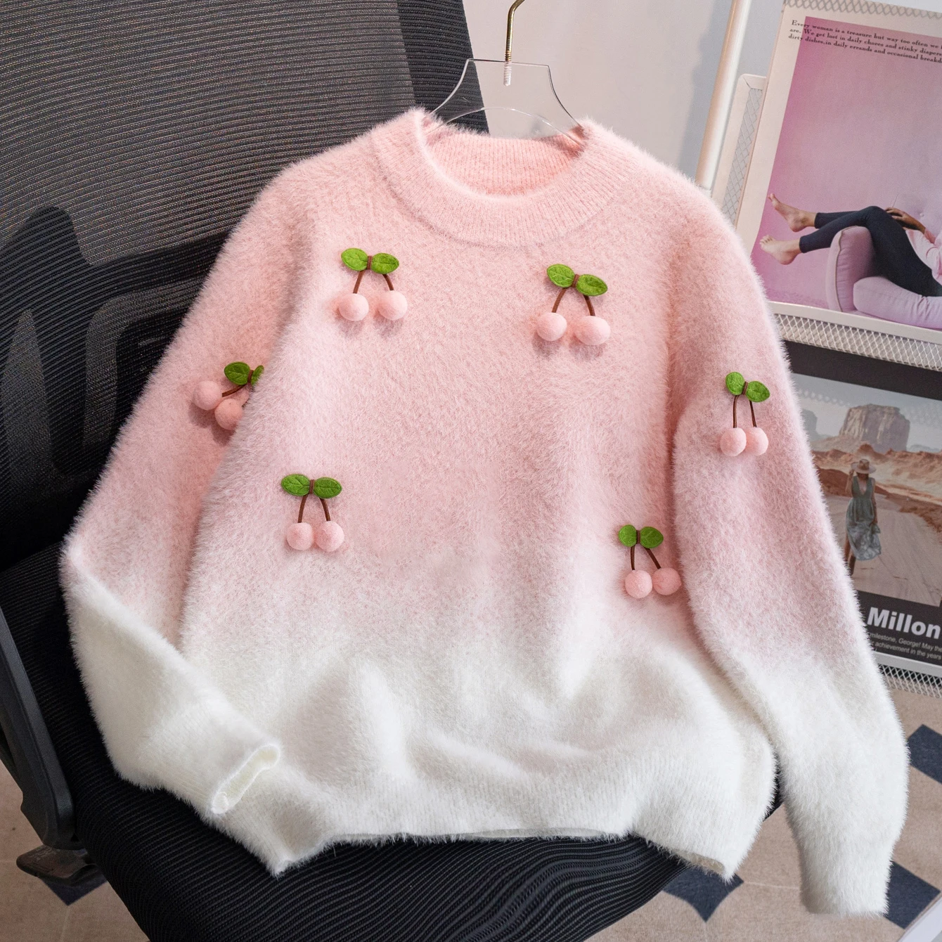 

Милый вязаный пуловер с градиентом вишневого цвета для девочек, подходящий для повседневного отдыха весной, осенью и зимой.