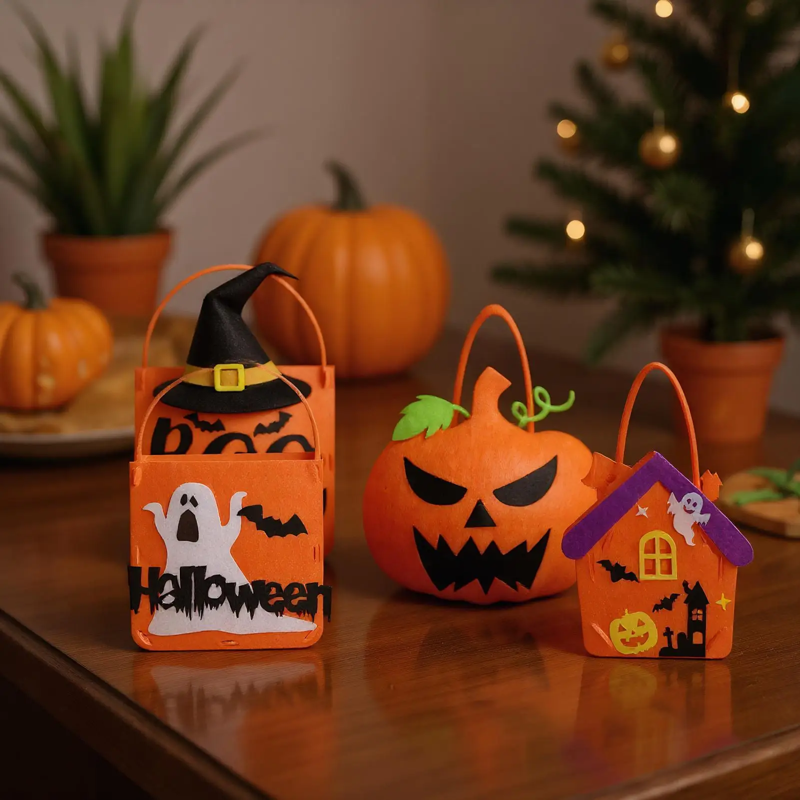 Halloween Treat Bags 4 Pieces Pumpkin Ghost Bat Witch Hat Snack Bag Cute Felt Bucket Goodie Candy Chocolate Container Party