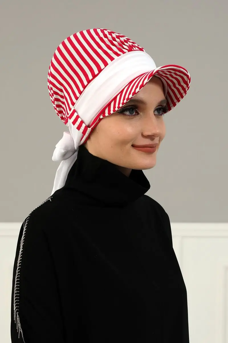 Chiffon Belted Hoed Gestreepte Bone Fuchsia