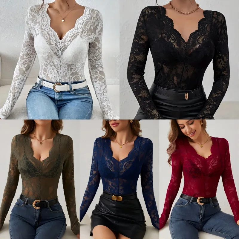 

2025 Spring and Summer New Sexy Single Layer Flower Lace Fan Shaped Decoration Bottom Small Shirt Top Women's Hollow Deep V-neck