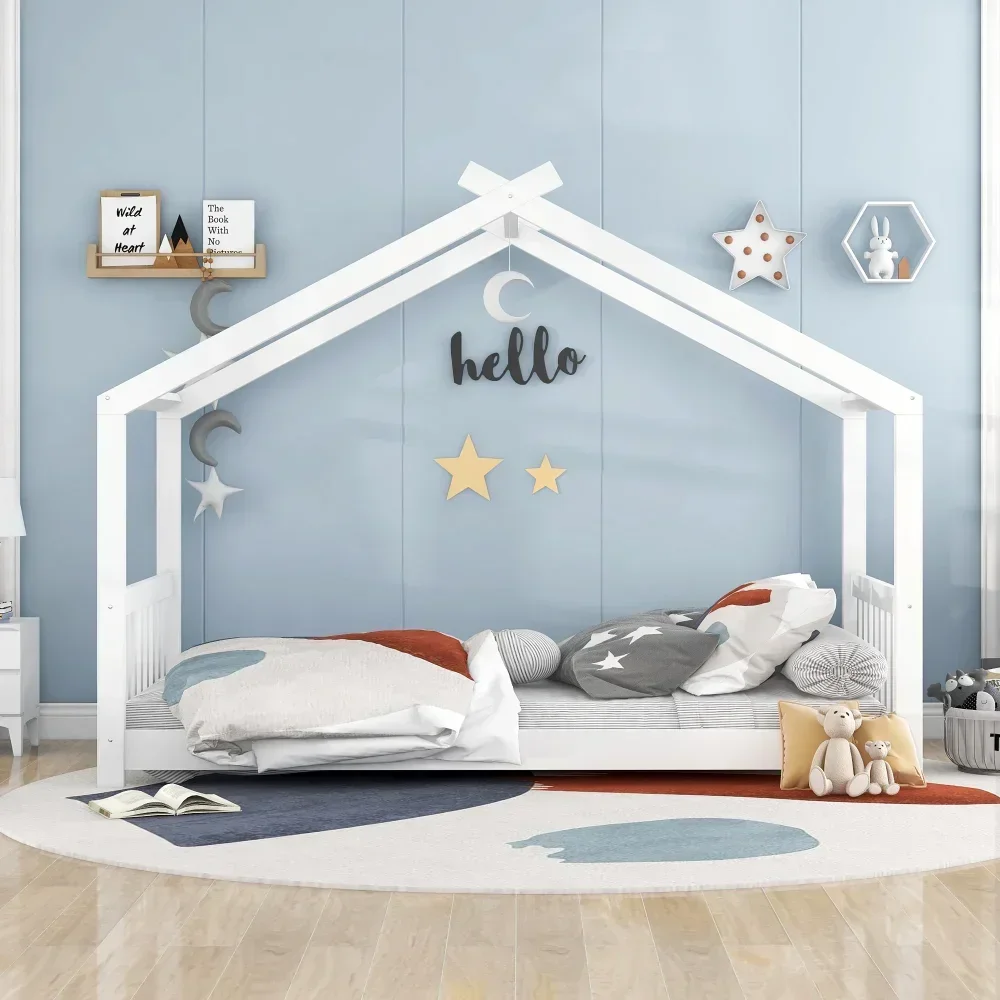 Letti per bambini bianchi, letto per bambini a basso profilo, letto a doppia piattaforma a forma di casa in legno per bambini, senza bisogno di molle