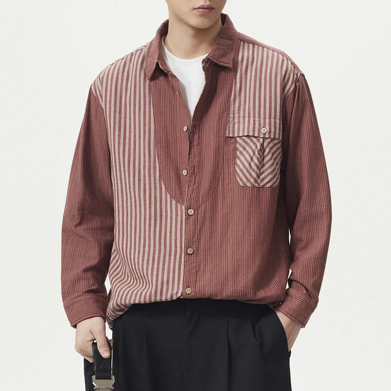 Spring Summer Vintage Splice Stripe Breathable  Shirt Men Korean Fashion Streetwear Loose Casual Long Sleeve Cotton ShirtsYY206