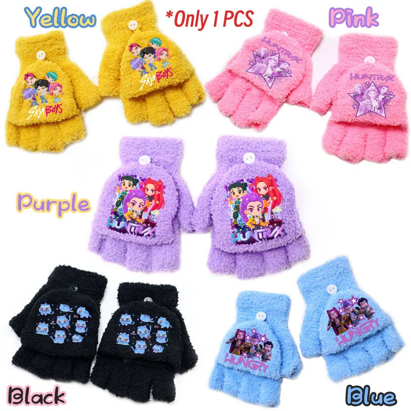 Для K-Pop Demon Hunters Студенческие зимние теплые вязаные полуоткидные перчатки с героями мультфильмов HUNTR X, коралловый флис, антихолодный чехол на половину пальца