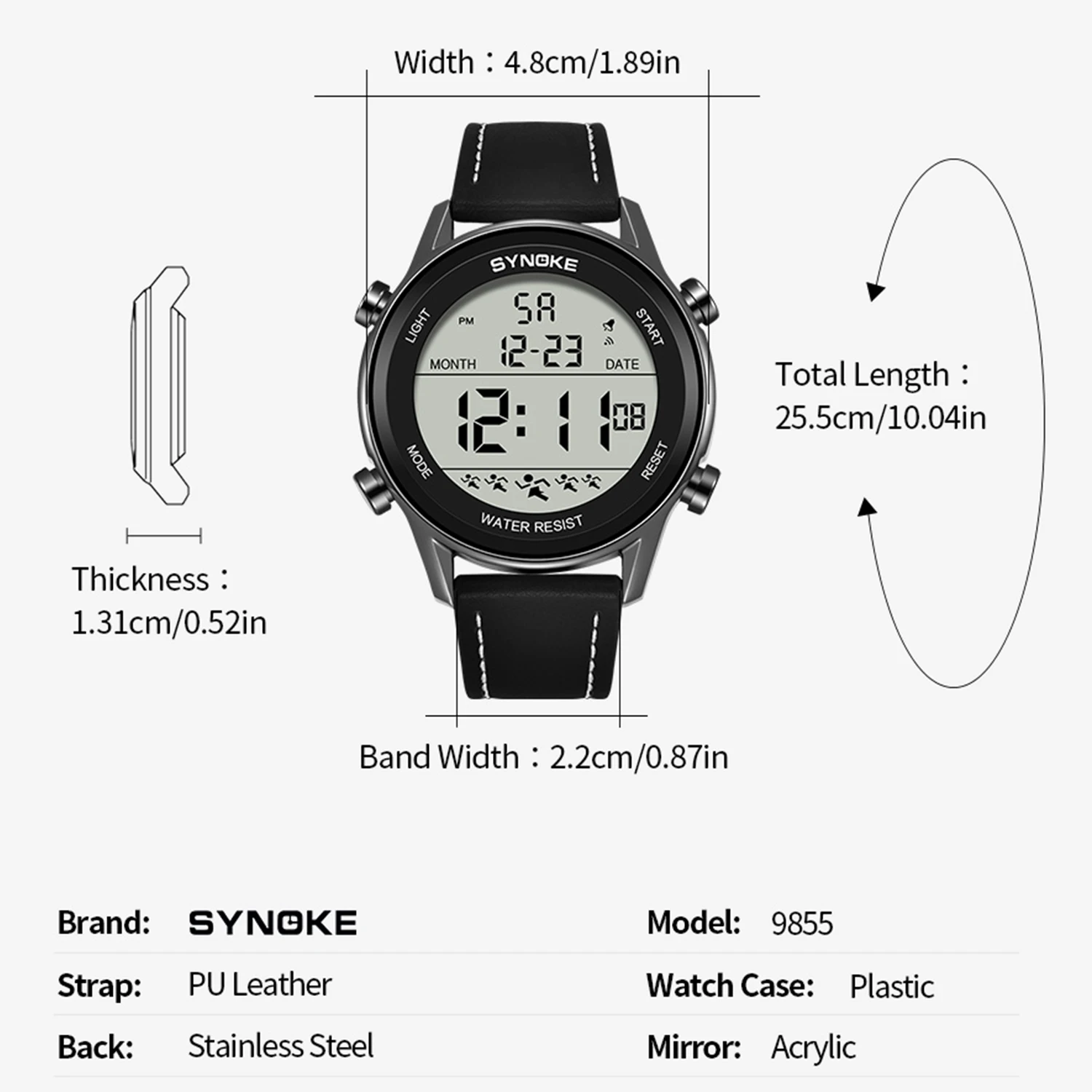 SYNOKE Men Wristwatches Luxury Chronograph Luminous Waterproof Date Man Watch Square Dial Leather Digital Men\'s Watches