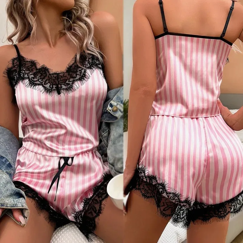 

Women's 2 Piece Cami Pajama Set Pink Striped Lace Trim Sleeveless Top with Shorts Casual Loungewear Sleepwear