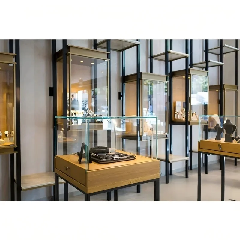 custom.Luxury Solid Oak Wood Base Tempered Glass Display with Lockable Drawer and Security Lock Jewelry Watch Counter S