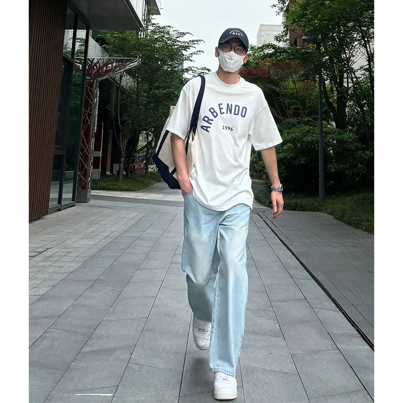 

Light Blue Silk Denim Jeans Men Summer Lightweight Mature Style Ice Silk Straight Leg American Vibe Trousers Youth Fashion