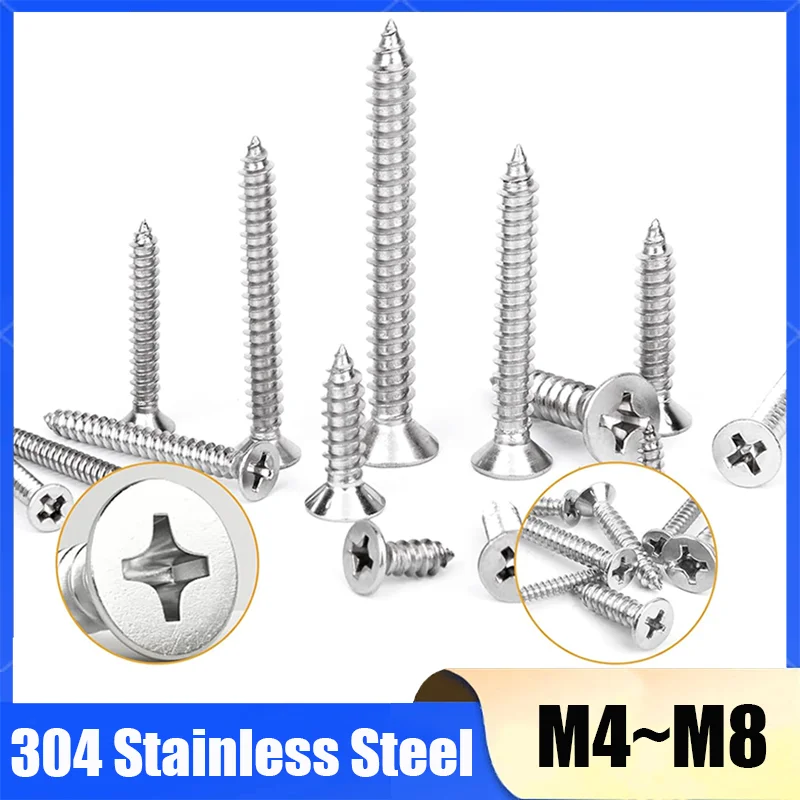 5-20Pcs Countersunk Head Tapping Screws M4 M4.2 M5 M6 M8 304 Stainless Steel Cross Recessed Flat Wood Screw Length 6mm-150mm