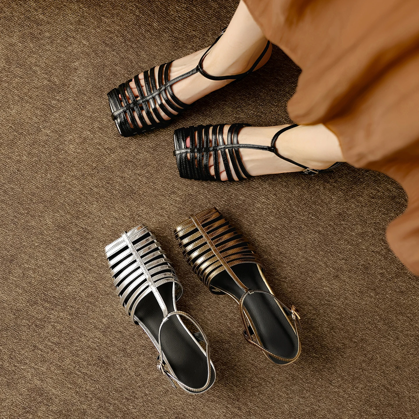2026 new summer women sandals natural leather 22-25cm sheepskin+pigskin square toe hollow-out ankle-buckle women shoes fashion
