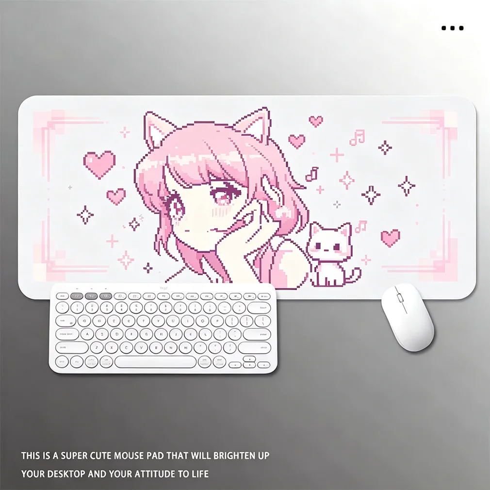 Leather Desk Pad Protector Pixel Girl Pink Kitten Angel Wings Love Kawaii Cat Y2K Mouse Pad Office Desk Mat PU Desk Blotter Pad