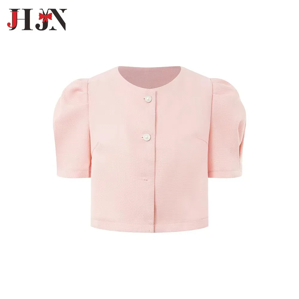 JHJN Pink Short Jacket Women's Fashion Style New Bubble Sleeve Rough Textile Blouse Short Sleeve Single Breasted Pearl Button