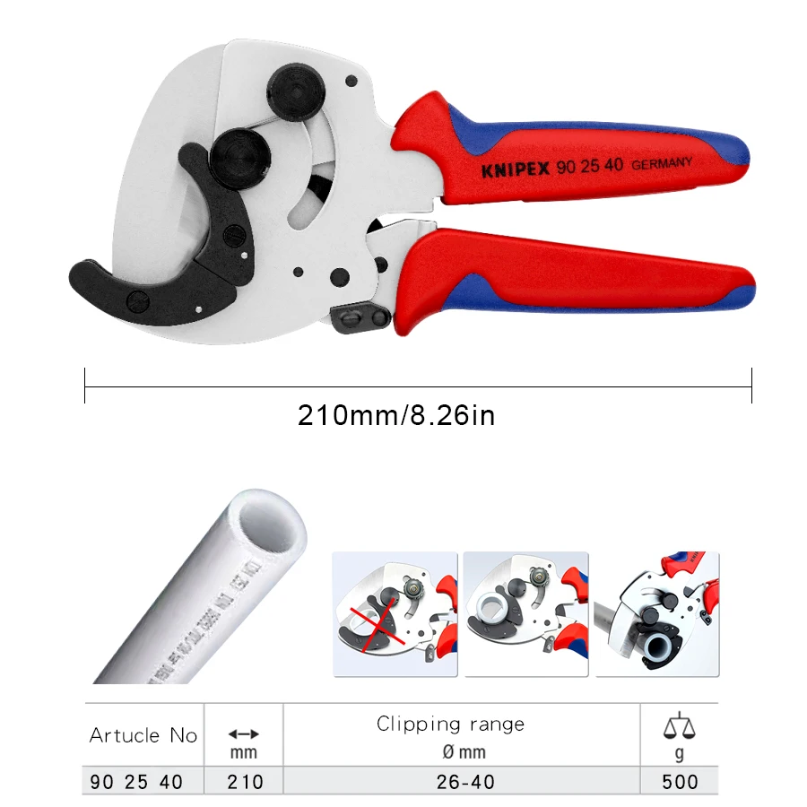 KNIPEX Pipe Cutter for Composite and Plastic Pipes with Multi-component Grips 90 25 40