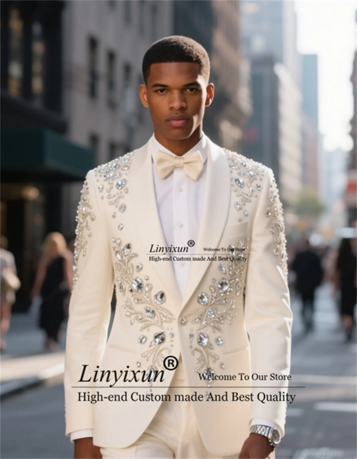 

Luxury Jewelry Crystals Men Suit High End Wedding Party ropa hombre 2 Pieces Sets Customized Shawl Lapel Groom Male Prom Blazers