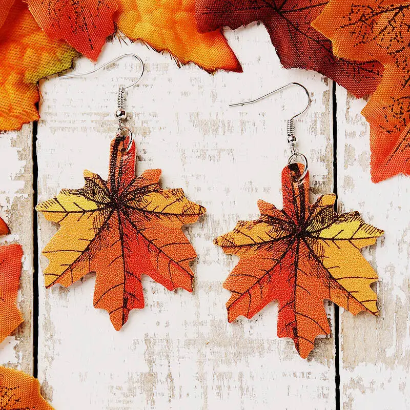European and American Autumn Charm Mom Earrings Pumpkin Thanksgiving Day Leather Mother Earrings Maple Leaf Leather Earrings Gir