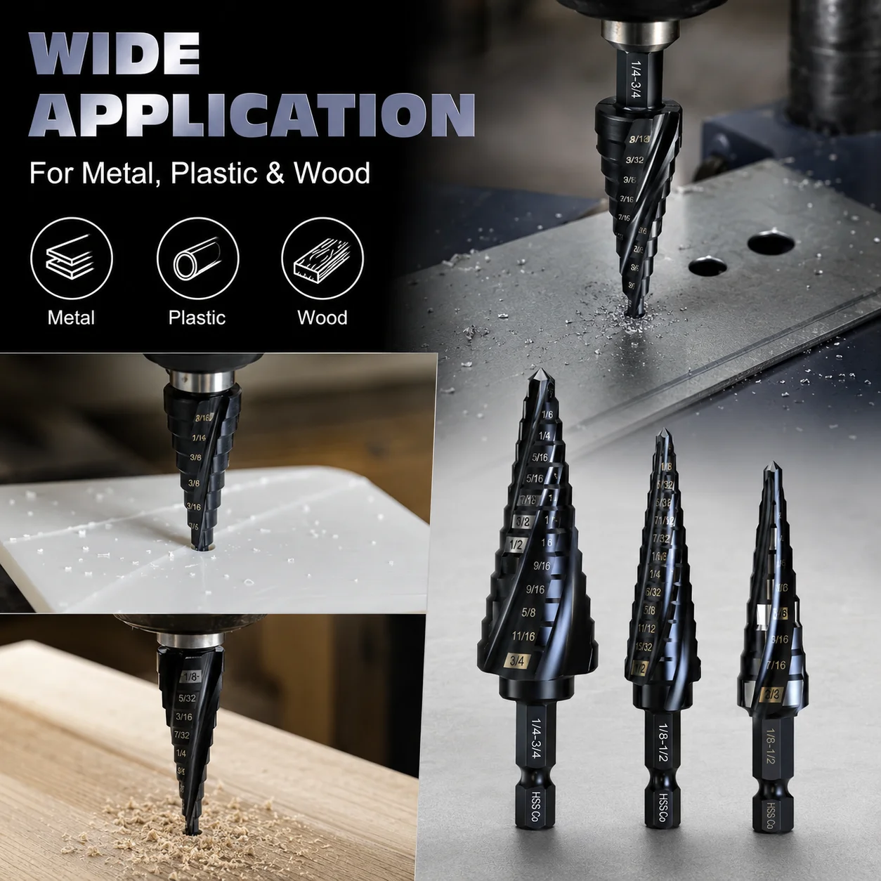 3PCS HSSCo Step Drill Bit Set, 1/8
