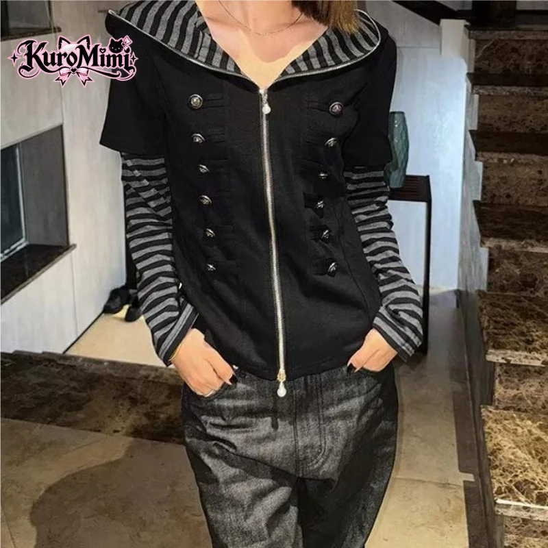 Unisex Black Striped Sleeve Hoodie Zip Up Faux Two Piece Napoleon Button Slim Fit Streetwear Alt Grunge Punk Edgy Y2K Aesthetic