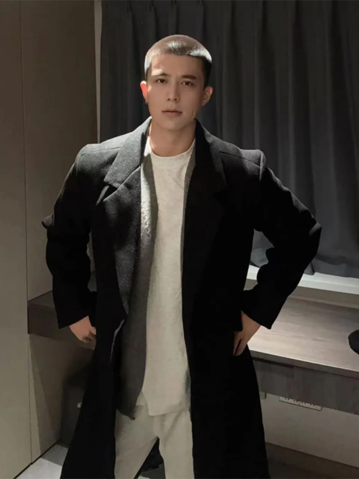 

Bla Mid-Length Woolen Coat Men's Spring Autumn Korean Version oulder Pad Woolen Jaet Cool And Advanced Cotton Windbreaker