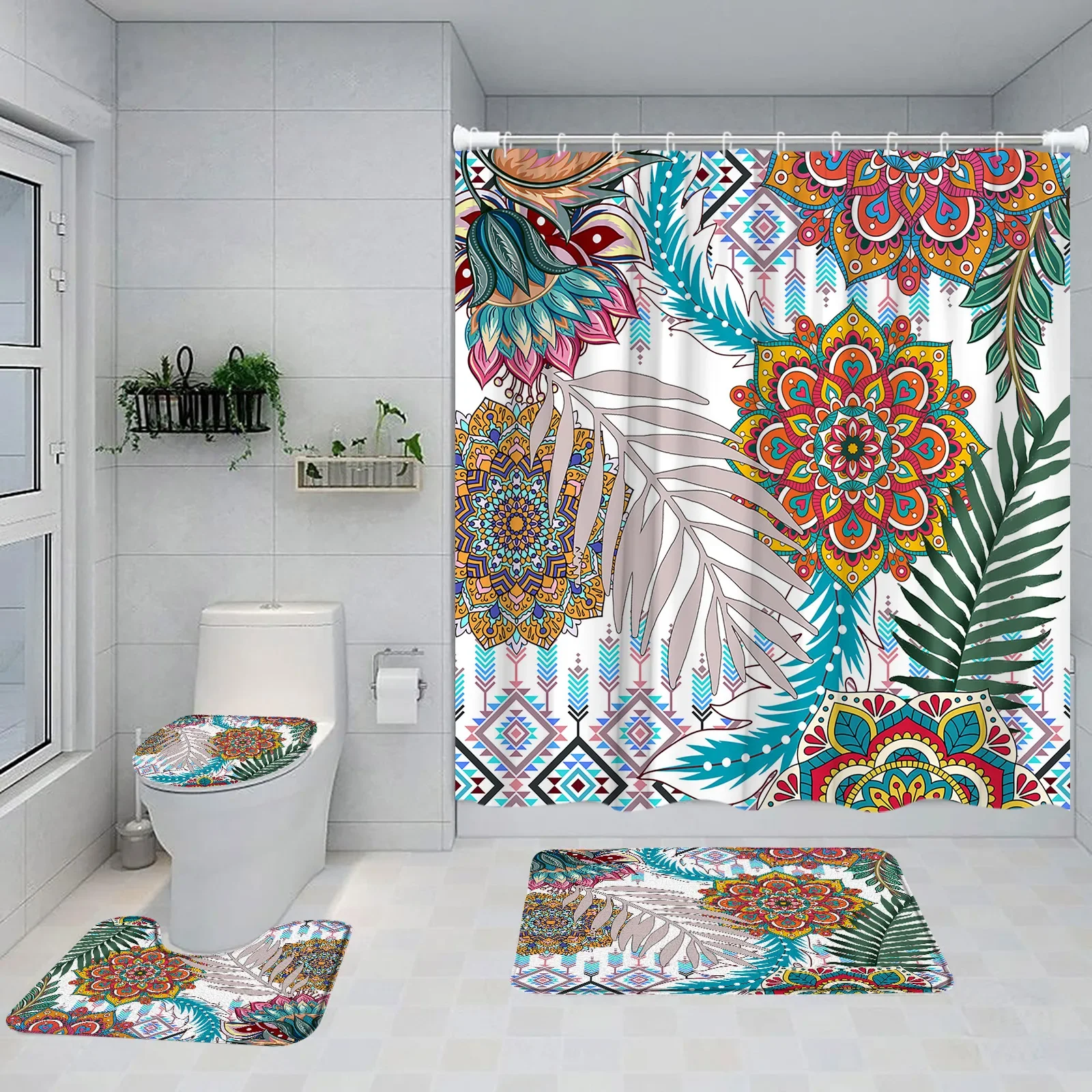 Boho Floral Shower Curtain Set Abstract Colorful Bohemian Flowers Tropical Leaves Bathtub Rug Toilet Lid Cover Bathroom Decor