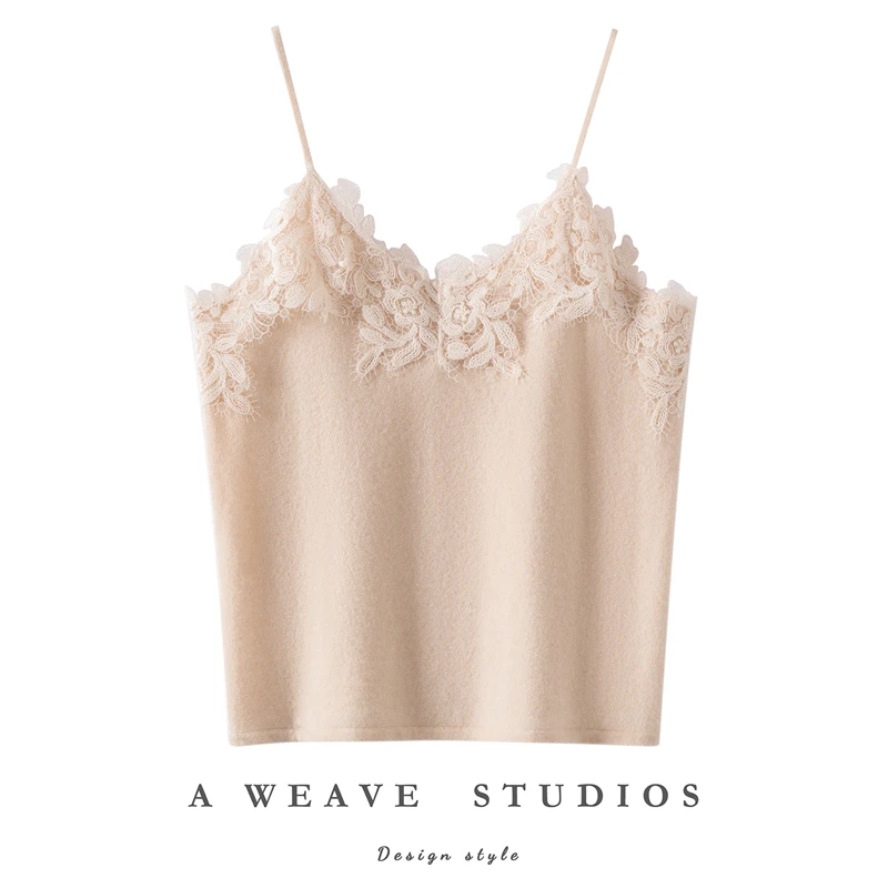 100% Cashmere Sweater Women Camisole Vest V-neck Lace Sleeveless Pullover Cashmere Knitwear Spring Autumn Winter Grace Waistcoat