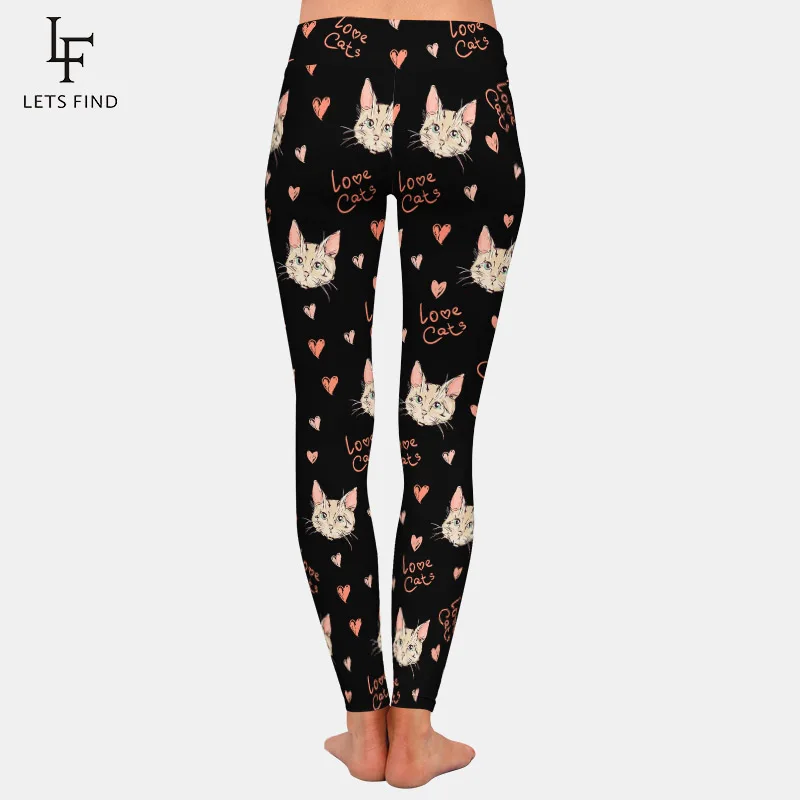 LETSFIND New 220gsm Double Side Brushed Milk Silk Print Women Pants Fashion Love Cats Print High Waist Soft Leggings