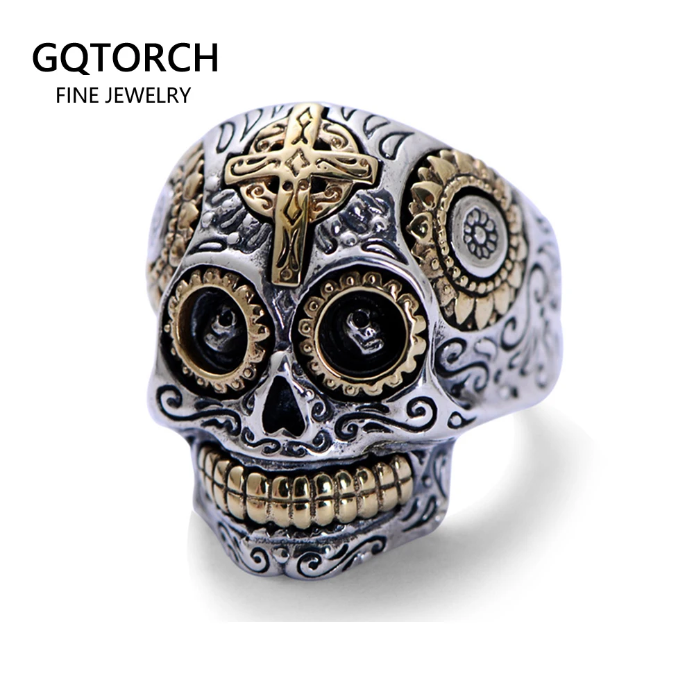 Real Solid 925 Sterling Silver Sugar Skull Rings For Men Mexican Rings Retro Gold Color Cross Sun Flower Engraved Punk Jewelry