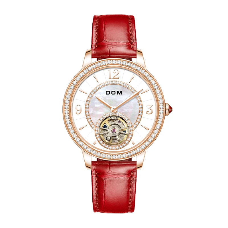 DOM luxo simples tendência couro relógio das mulheres requintado fritillary dial mecânico relógio das mulheres