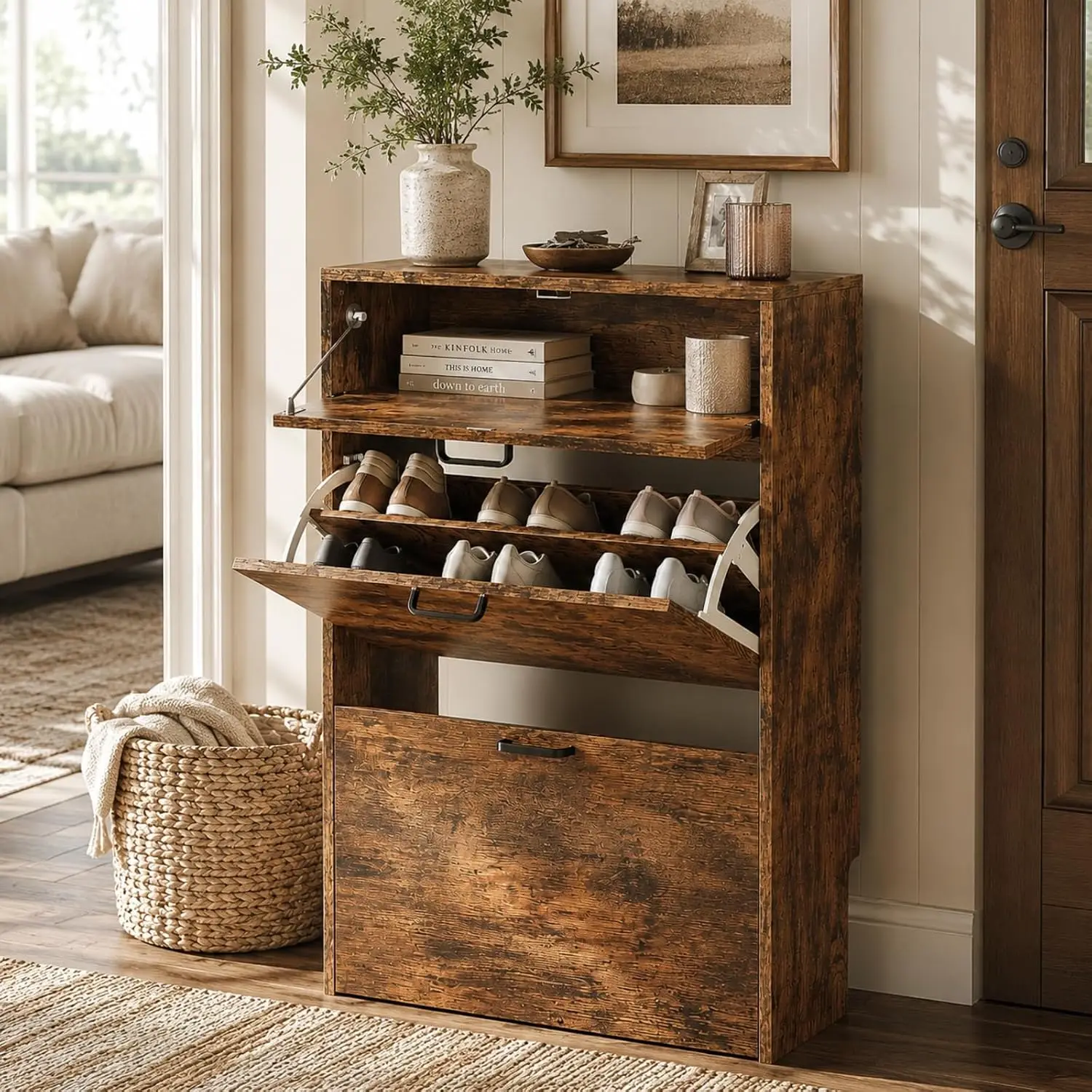 #Slim Shoe Cabinet with 2 Flip & 1 Drop-Down Drawers, 24.8" W Narrow Wood Shoe Organizer for Entryway, Customized