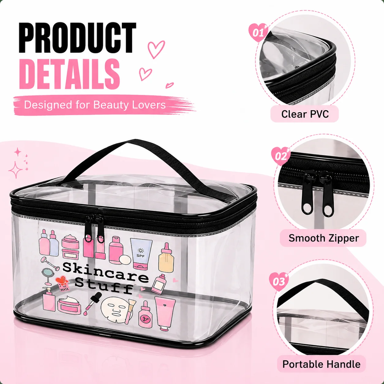Clear PVC Skincare Bag, Cute Pink Print Cosmetic Organizer, Waterproof Travel Makeup Pouch for Women Bathroom Vanity