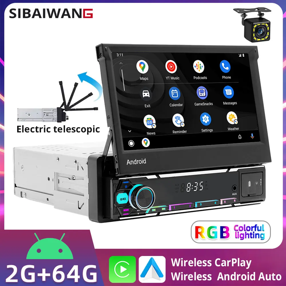 7'' HLED 1Din Electric Telescopic Touchscreen Android 13 Car Radio Multimedia Player Wireless Carplay Android Auto GPS WIFI RDS