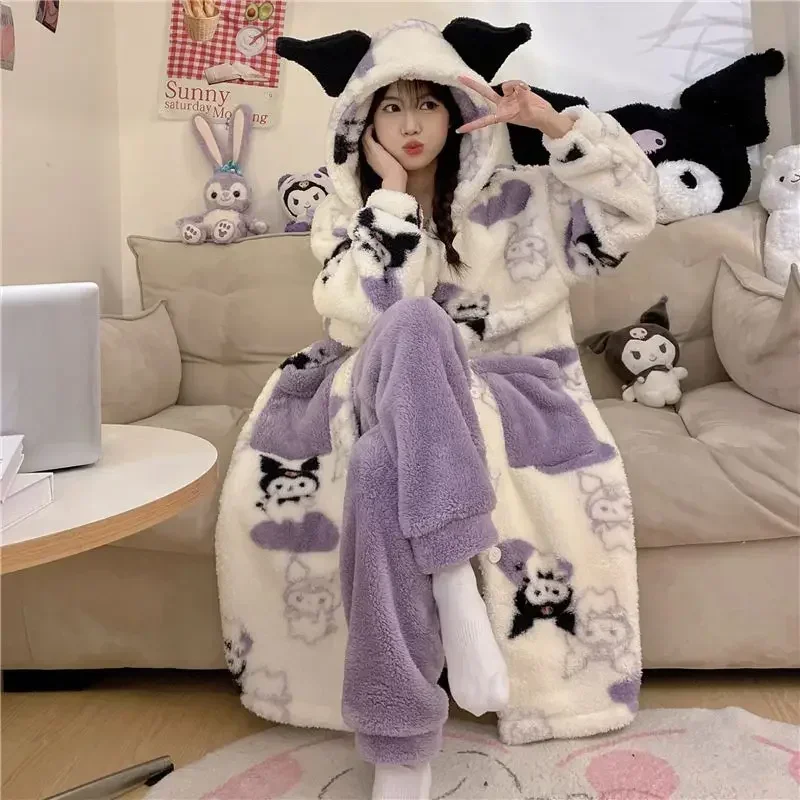 

MINISO Kuromi Anime Kuromi Long Sleeve Jacket Pajamas Cute Cartoon Kawaii Winter Coral Velvet Thick Hooded Homewear Clothing Toy