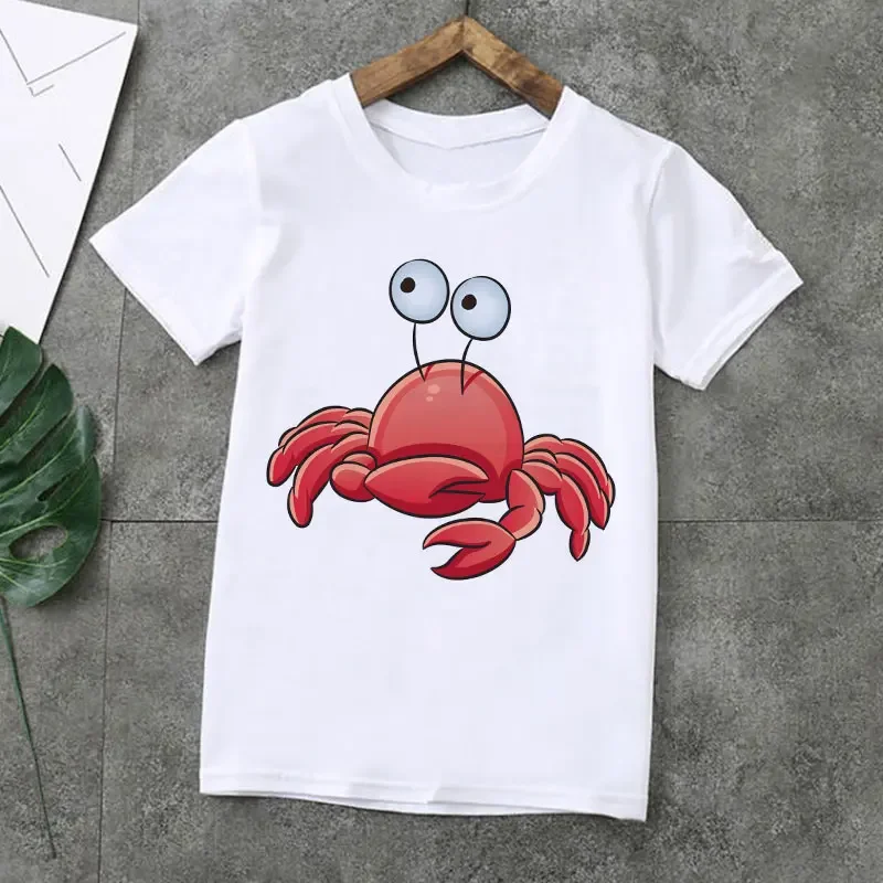 Summer Kids Top Fashion T-shirt Funny Crab Girl Cute Octopus T-shirt Boys Design Print Round-neck White Simple T-shirt Kids