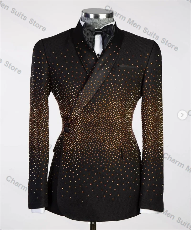 Golden Crystals Men Suits Pants Set 2 Pcs Black Blazer+Trouser Customized Groom Wedding Tuxedo Formal Office Wedding Prom Jacket