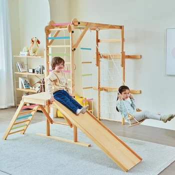 חורש 8-ב-1 ג 'ונגל מקורה בחדר כושר עם טבעות מתעמלת, טיפוס חבל, נדנדה, שקופית, מוטות קוף, חוט קיר חבל, עץ וקרופ